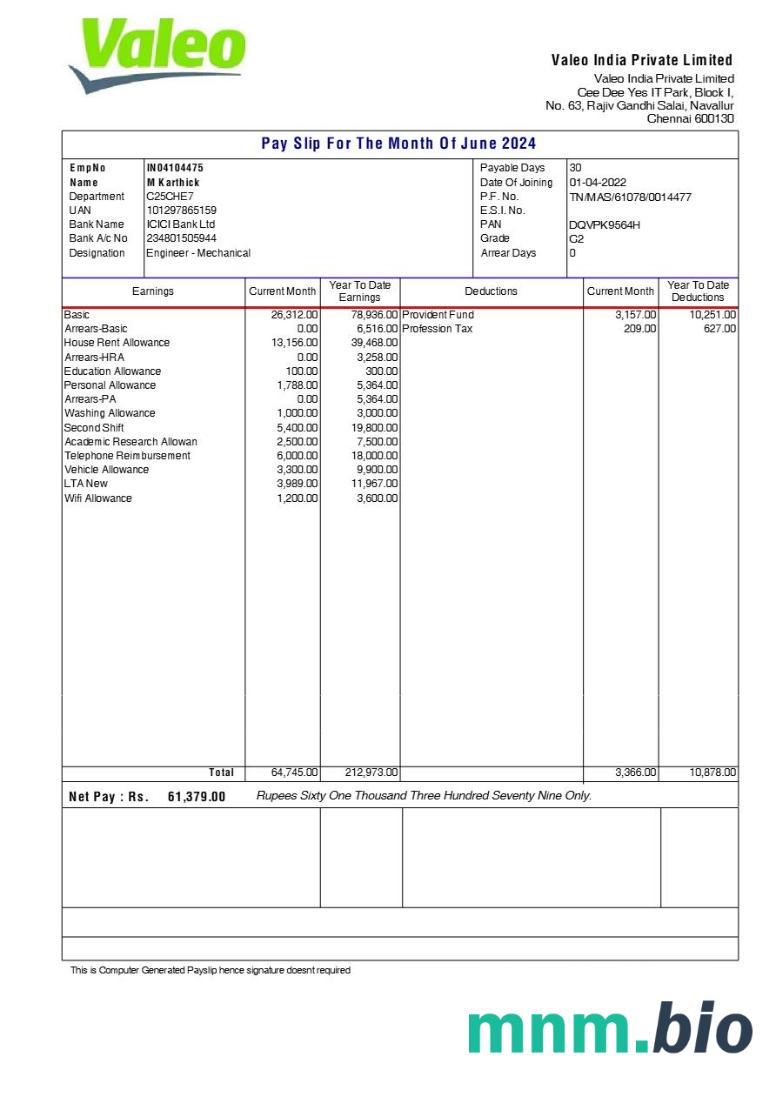 Szablon odcinka wypłaty Valeo India w formatach Word i PDF